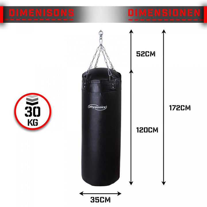 Boksesæk til voksne - fyldt, 30 kg, H120 cm, firepunkts stålkæde