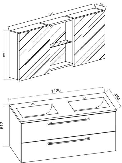 Badeværelsesmøbler - underskab, dobbelt vask, spejlskab, højskab - 51 x 111 x 46 cm, træfarvet