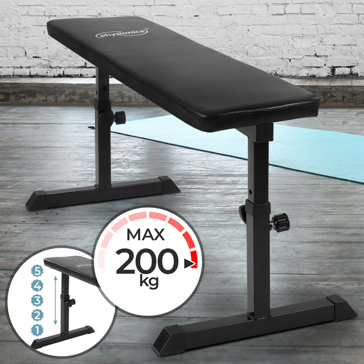 Flad bænk, 103x47x44-57 cm, højdejusterbar, op til 200 kg, stål, sort