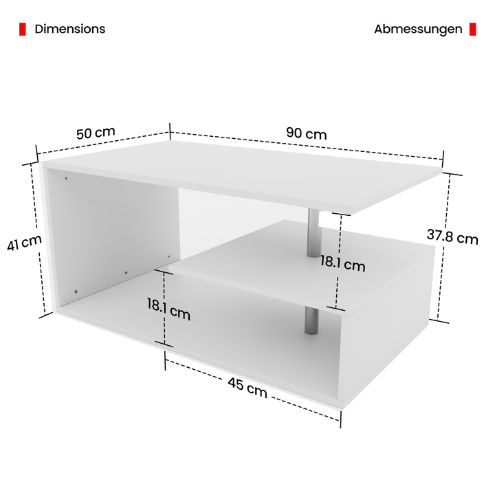 Sofabord - 90x50 cm, med opbevaringsplads, moderne, firkantet, hvidt