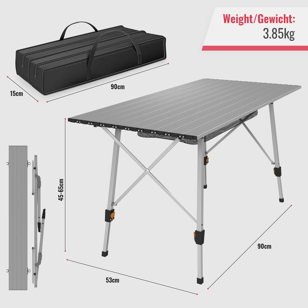 Campingbord - foldbart, højdejusterbart, 90x45 cm, aluminium