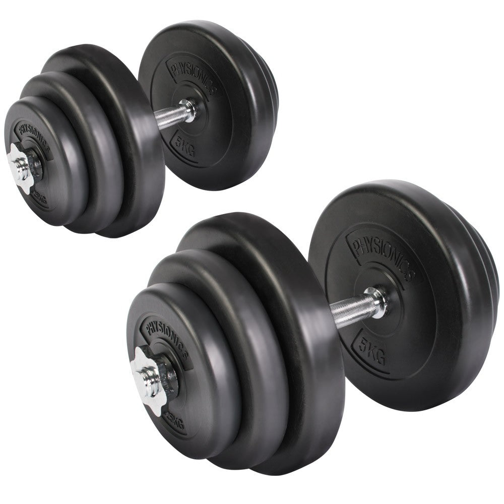 Håndvægtesæt 40 kg (2 x 20 kg) - inkl. 12 plastvægte, 2 vægtstangsstænger og 4 stjernebeslag i stål, riflet håndtag, 25 mm
