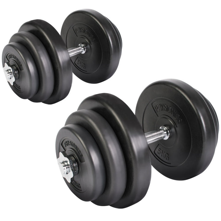 Håndvægtesæt 40 kg (2 x 20 kg) - inkl. 12 plastvægte, 2 vægtstangsstænger og 4 stjernebeslag i stål, riflet håndtag, 25 mm