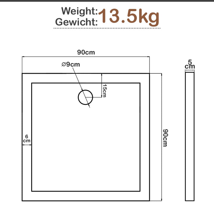 Aquamarine® brusekar - 90 x 90 cm, Firkantet, Rektangulær, Gulvniveau, Akryl, 5 cm Super Flat, Stabil, Hvid - Brusekar, akrylbakke, brusekar, brusekar