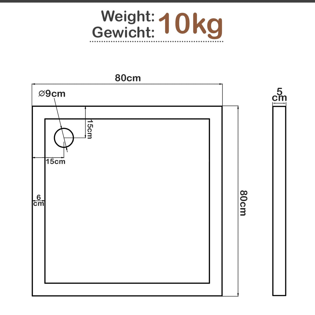 Aquamarine® brusekar - 80 x 80 cm, Firkantet, Rektangulær, Gulvniveau, Akryl, 5 cm Super Flad, Stabil, Hvid