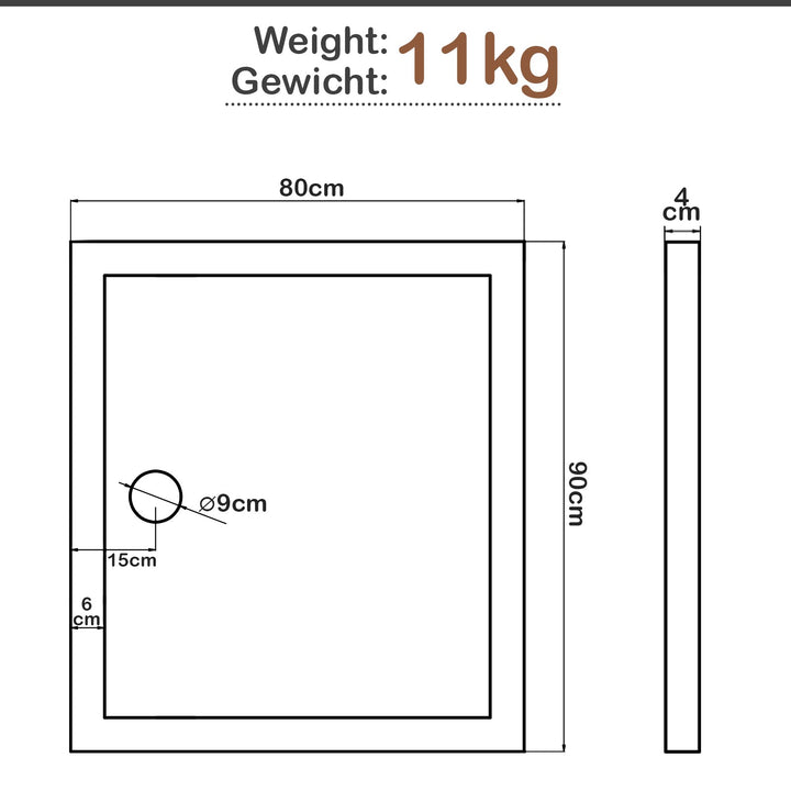 Hvid brusebakke, 90x80 cm, rektangulæ, akryl, 4 cm super flad, stabil, hvid