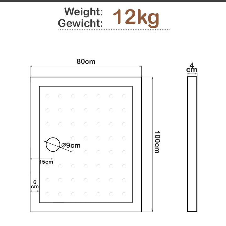 Aquamarine® brusekar - 100 x 80 cm, rektangulær, gulvniveau, akryl, 4 cm super flad, stabil, hvid