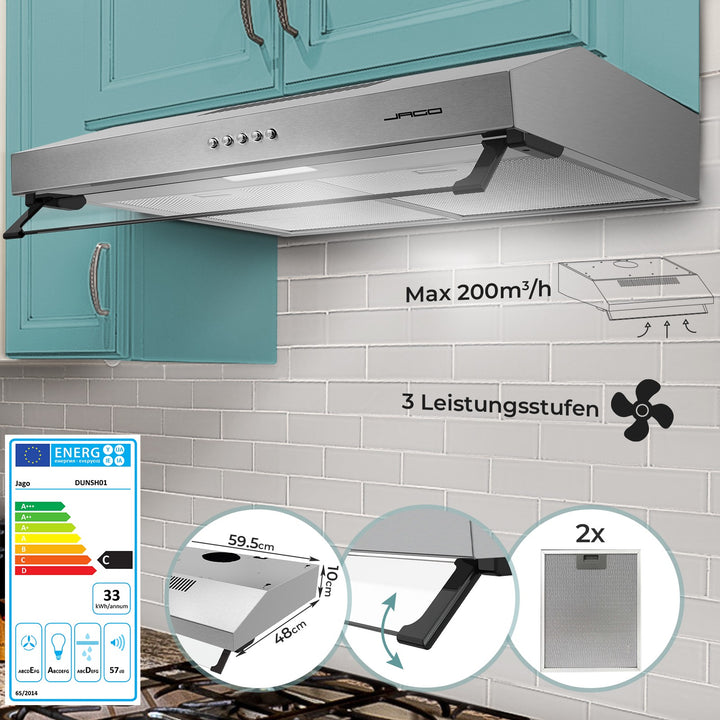 Jago® emhætte - 60 cm, recirkulation af udsugningsluft, vægtilslutning, 2 fedtfiltre, 201,6 m³/h, LED-belysning, rustfrit stål