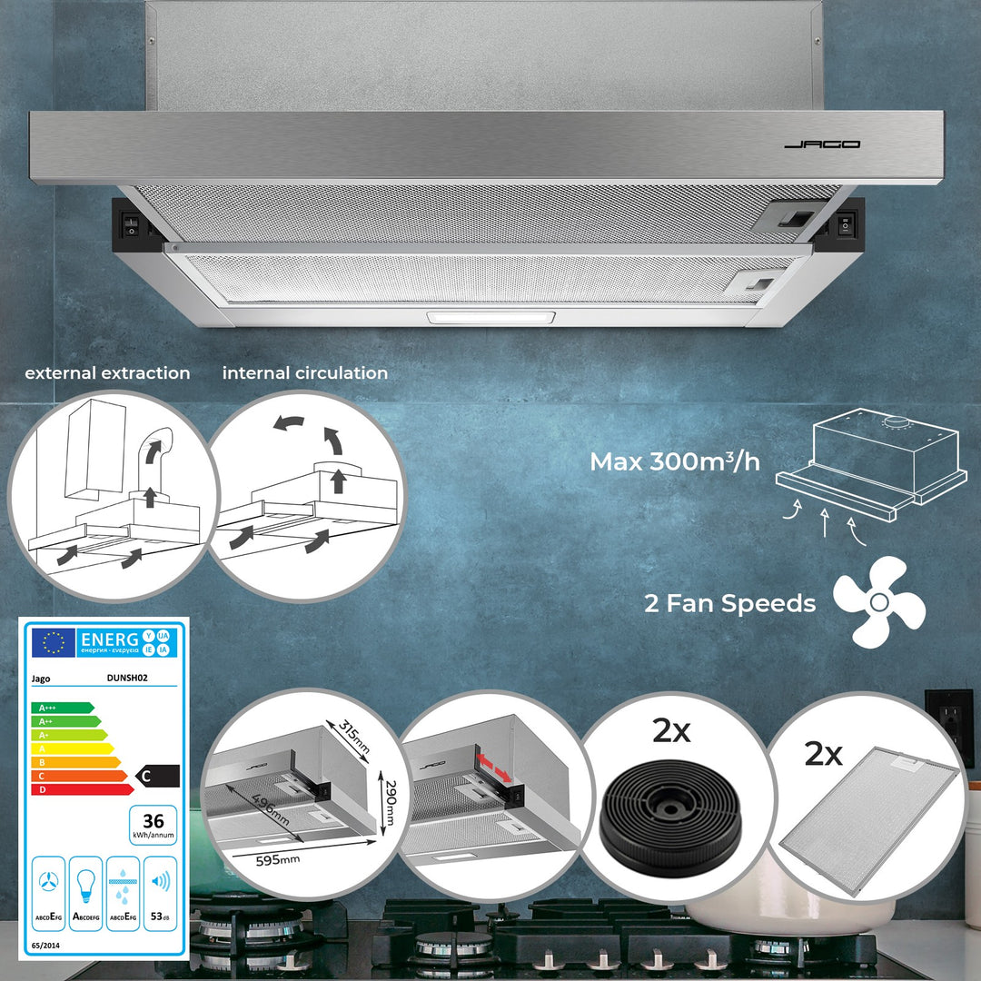 Emhætte - 60cm, udsugnings-/recirkulationsluft, med 2 aktivkulfiltre, 300 m³/h, 2 ventilatorniveauer, ventileret ovenfra, rustfrit stål