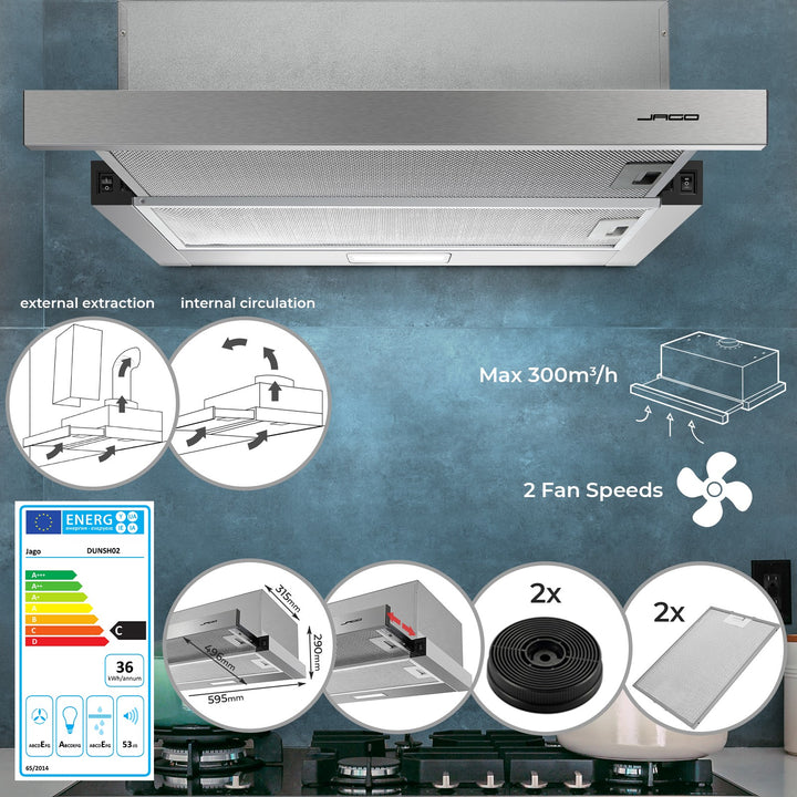 Emhætte - 60cm, udsugnings-/recirkulationsluft, med 2 aktivkulfiltre, 300 m³/h, 2 ventilatorniveauer, ventileret ovenfra, rustfrit stål