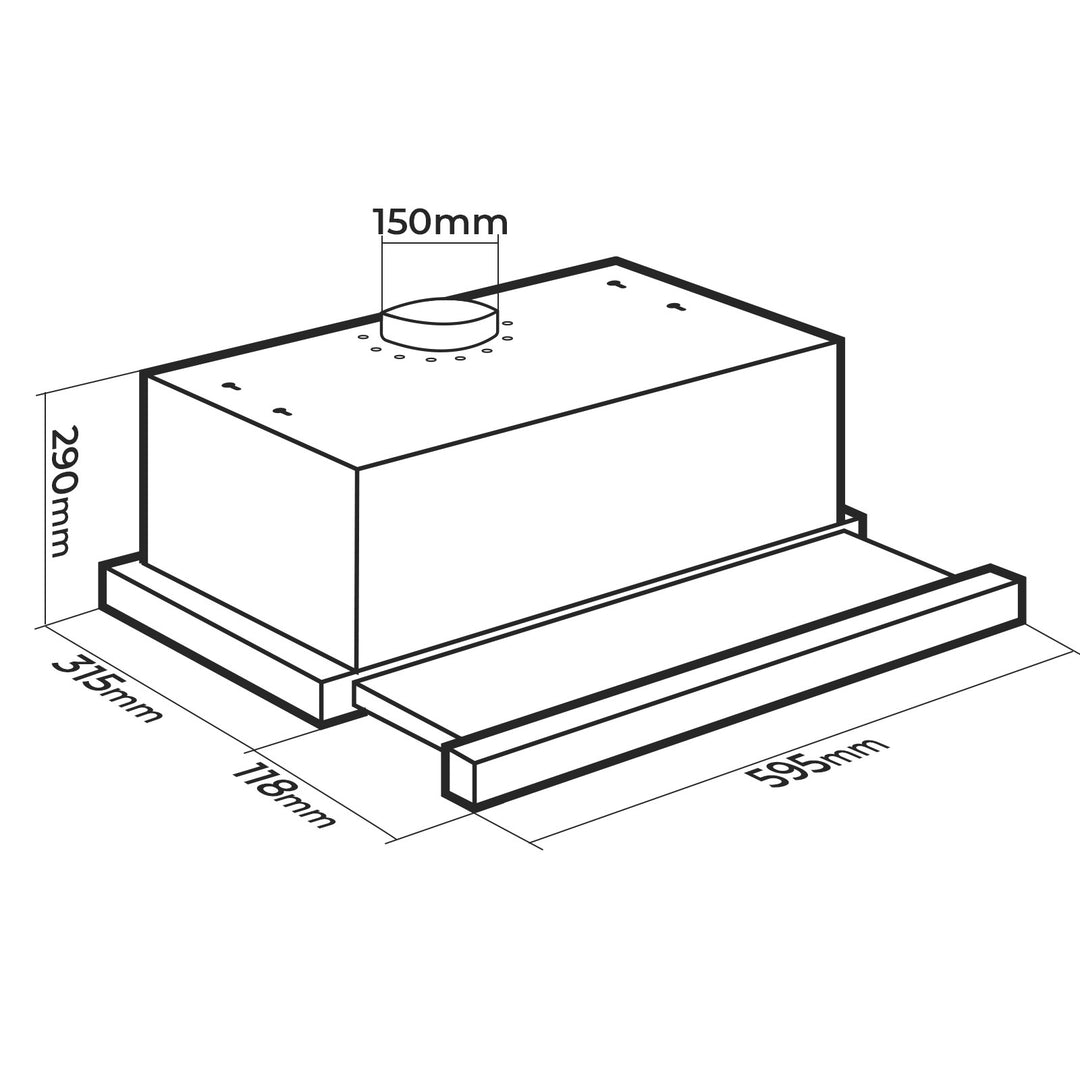 Emhætte - 60cm, udsugnings-/recirkulationsluft, med 2 aktivkulfiltre, 300 m³/h, 2 ventilatorniveauer, ventileret ovenfra, rustfrit stål