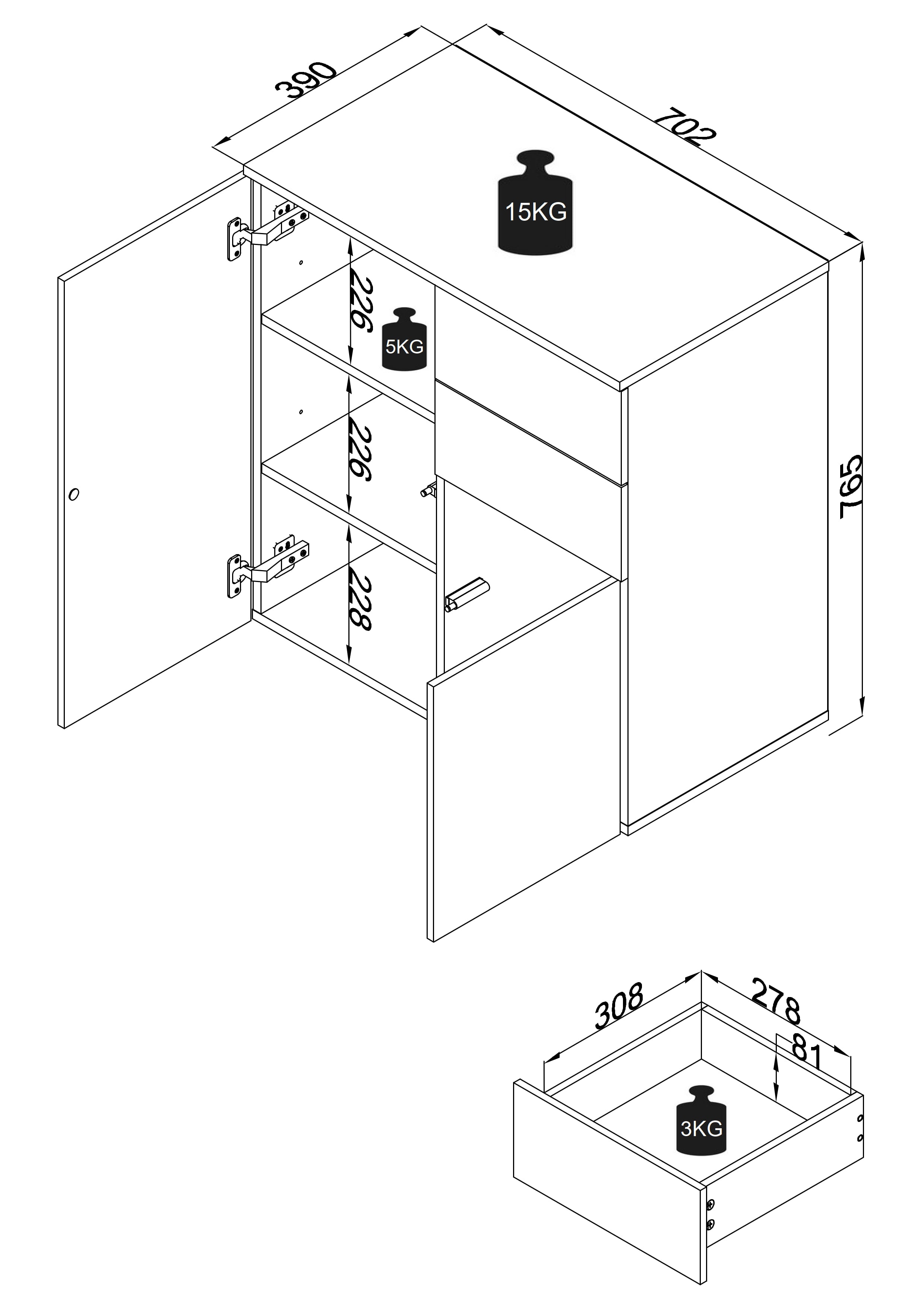 Kommode, h. 77 x b. 70 x d. 39 cm, antracit