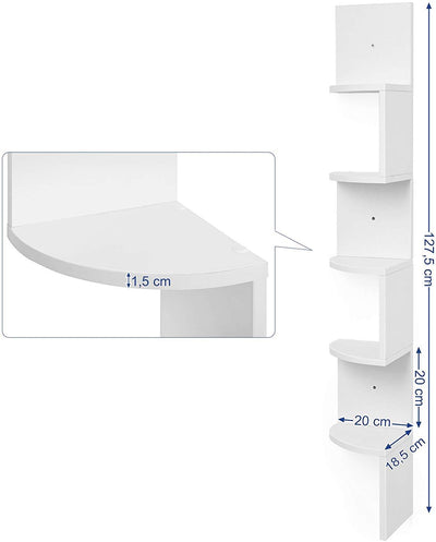 Mål i cm af 5 hvide svævende væghylder i zigzagdesign monteret