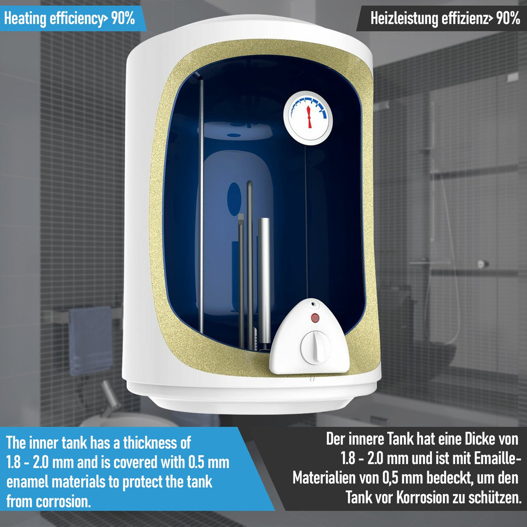 Aquamarine® elektrisk varmtvandsbeholder - 80 liters tank, 1500W varmeeffekt og termometer, energibesparende, sikkerhedsventil