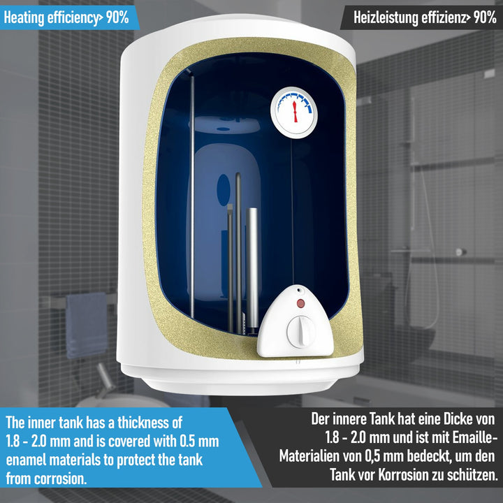 Aquamarine® elektrisk varmtvandsbeholder - 80 liters tank, 1500W varmeeffekt og termometer, energibesparende, sikkerhedsventil