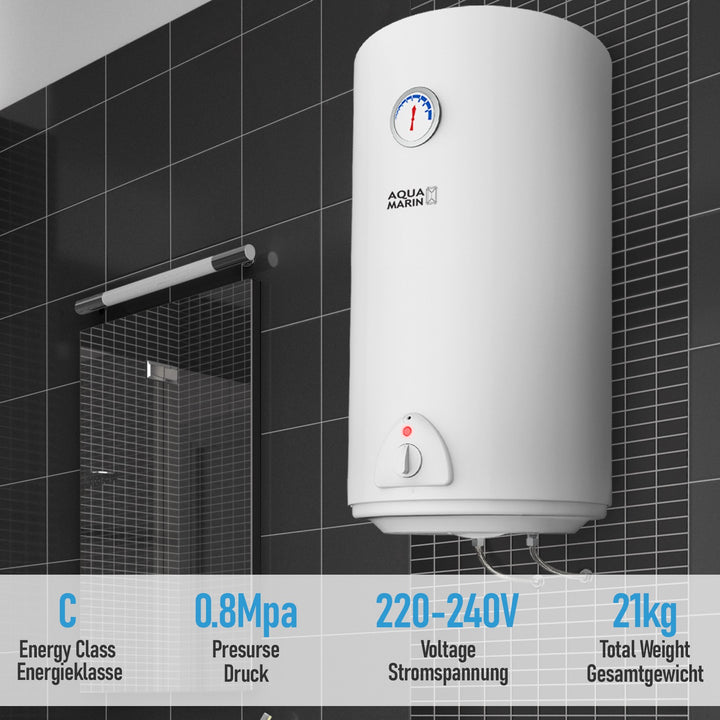 Aquamarine® elektrisk varmtvandsbeholder - 80 liters tank, 1500W varmeeffekt og termometer, energibesparende, sikkerhedsventil