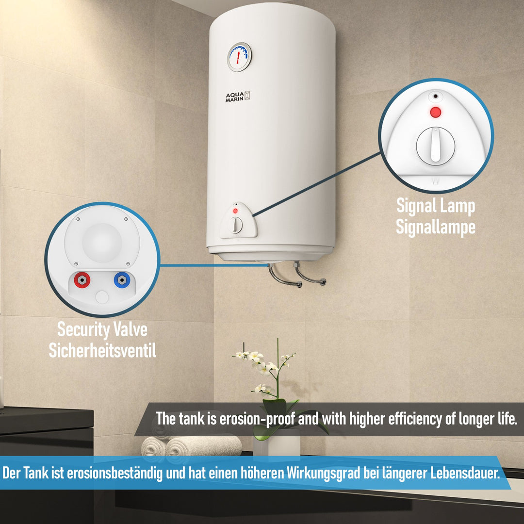 Aquamarine® elektrisk varmtvandsbeholder - 80 liters tank, 1500W varmeeffekt og termometer, energibesparende, sikkerhedsventil