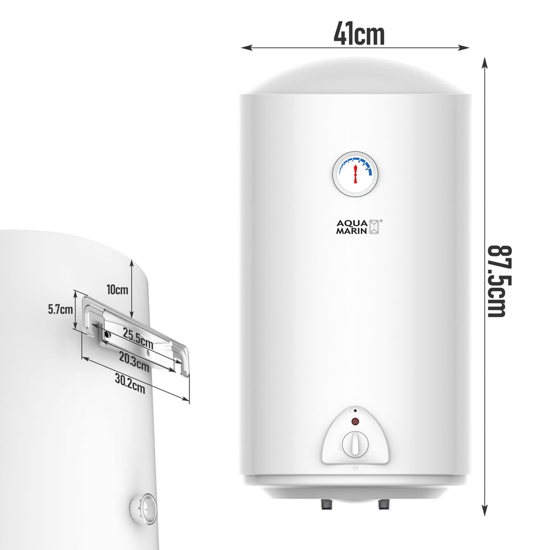 Aquamarine® elektrisk varmtvandsbeholder - 80 liters tank, 1500W varmeeffekt og termometer, energibesparende, sikkerhedsventil