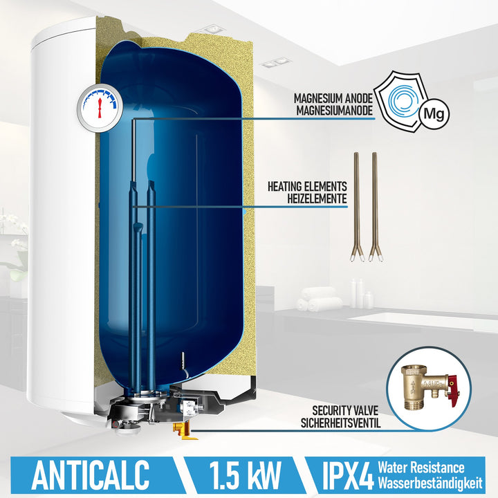 Elektrisk ANTIKALK varmtvandsbeholder, 30 L, 1,5 kW, Anticalc, EEK B/C, emaljeret inderbeholder
