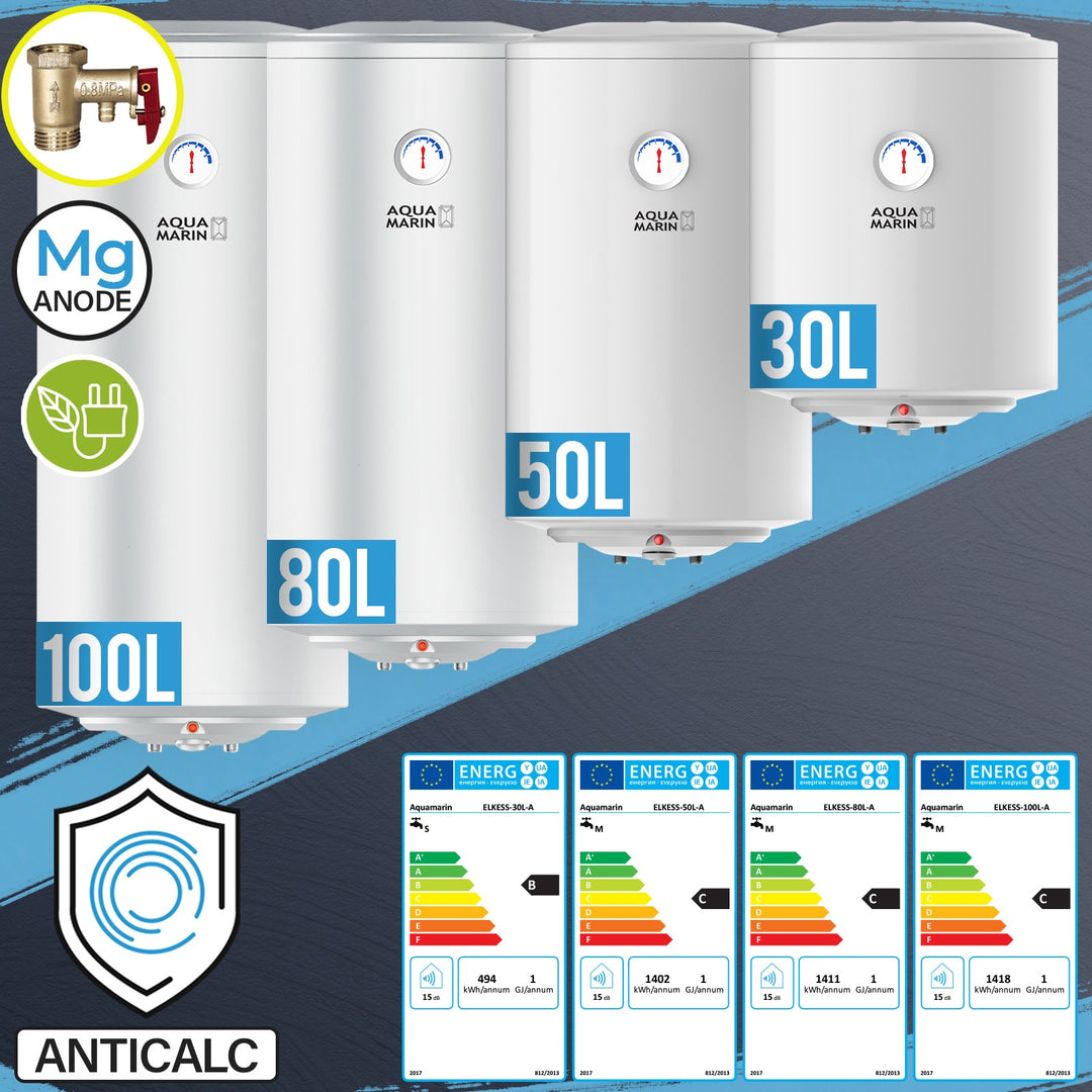 Elektrisk ANTIKALK varmtvandsbeholder, 30 L, 1,5 kW, Anticalc, EEK B/C, emaljeret inderbeholder