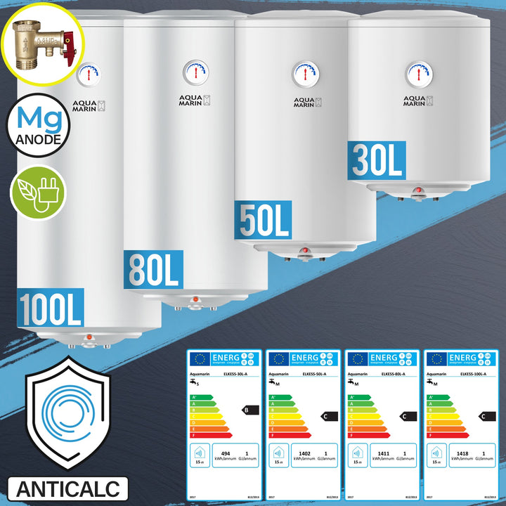 Elektrisk ANTIKALK varmtvandsbeholder, 30 L, 1,5 kW, Anticalc, EEK B/C, emaljeret inderbeholder