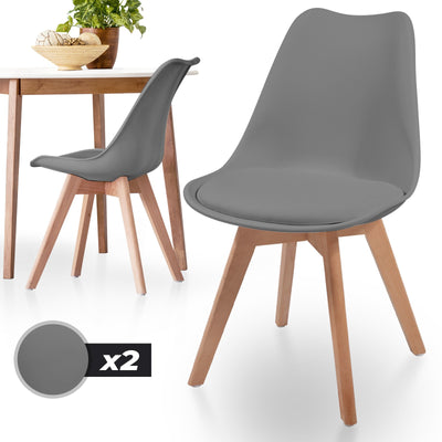 Spisebordsstole sæt med 2 - skandinavisk stil, polstret med sædehynder, lavet af plastik og massivt træ, grå