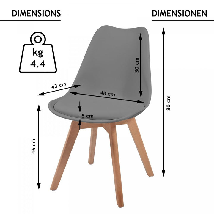 Spisebordsstole sæt med 2 - skandinavisk stil, polstret med sædehynder, lavet af plastik og massivt træ, grå
