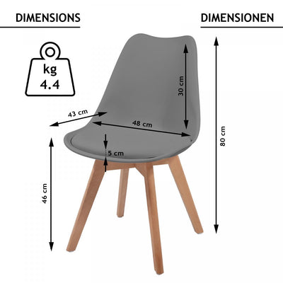 Spisebordsstole, sæt af 6, skandinavisk stil, betrukket med sædehynder, lavet af plast og massivt træ, grå