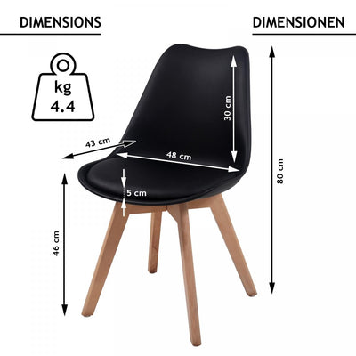 Spisebordsstole, sæt af 4, skandinavisk stil, betrukket med hynder, lavet af plast og massivt træ, sort