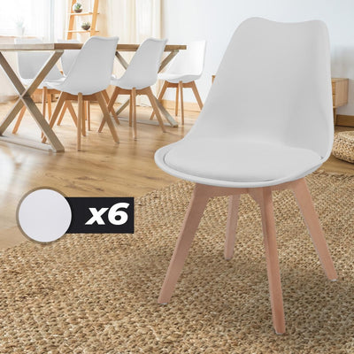 Spisebordsstole sæt af 6 - i skandinavisk stil, betrukket med sædehynder, lavet af plast og massivt træ, hvid