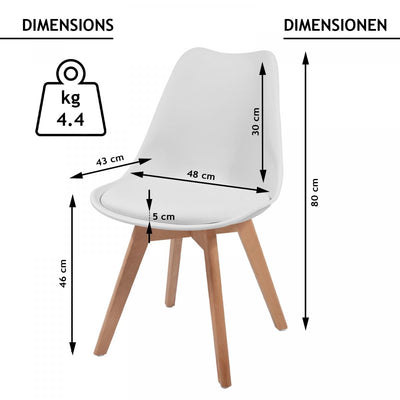 Spisebordsstole, sæt af 4, skandinavisk stil, betrukket med sædehynder, lavet af plast og massivt træ, hvid