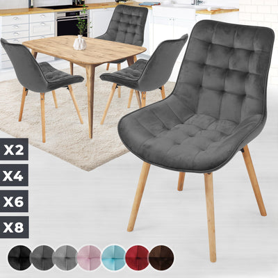 Spisebordsstole  - mørkegrå, sæt med 4, fløjlssæde, polstret, quiltet, bøgetræ-ben med ryglæn