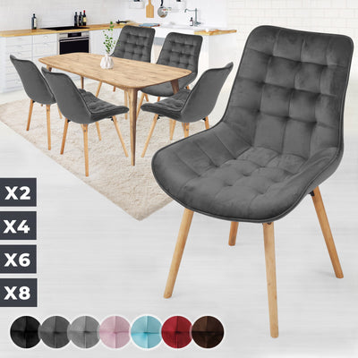 Spisebordsstole  - mørkegrå, sæt med 6, fløjlssæde, polstret, quiltet, bøgetræ-ben, med ryglæn