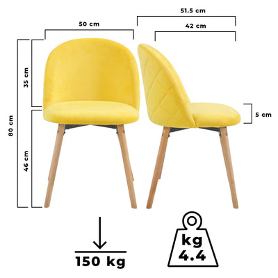 Spisebordsstole - gule, sæt med 4, fløjlssæde, moderne, polstrede ben af bøgetræ, med ryglæn