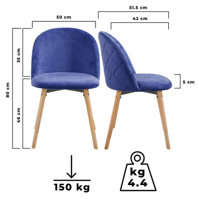 Spisebordsstole - kongeblå, sæt med 4, fløjlssæde, moderne, polstret, bøgetræben, med ryglæn