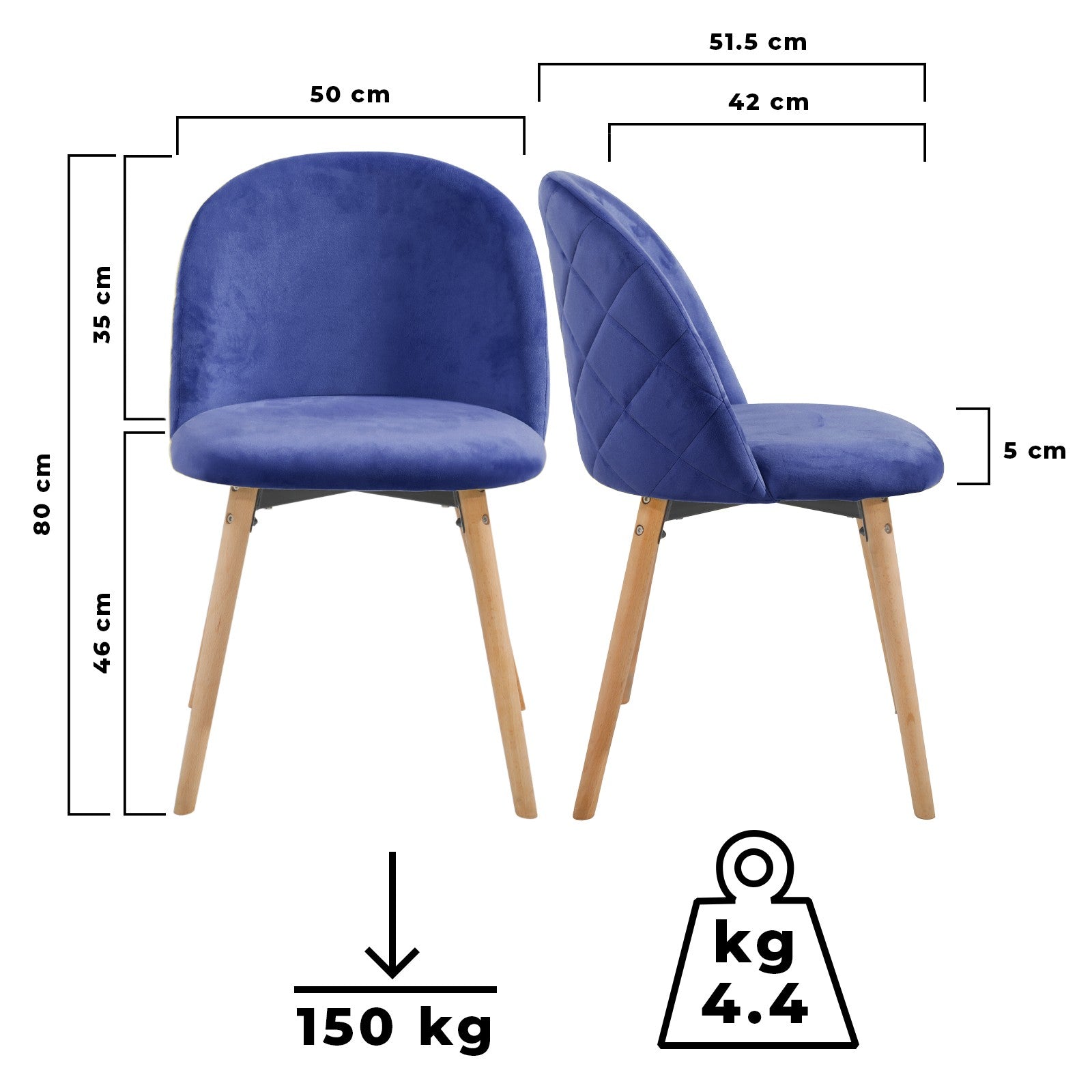 Spisebordsstole - kongeblå, sæt med 6, fløjlssæde, moderne, polstret, bøgetræben, med ryglæn