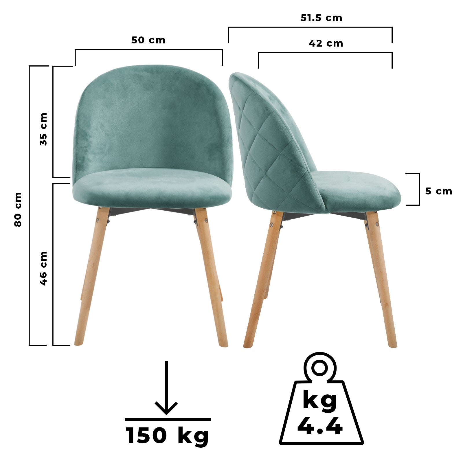 Spisebordsstole  - mint, sæt med 8, fløjlssæde, moderne, polstret, bøgetræ-ben, med ryglæn