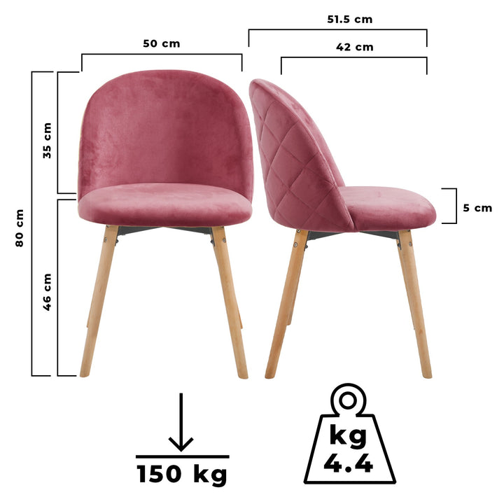 Spisebordsstole - pink, sæt med 4, fløjlssæde, moderne, polstrede ben af bøgetræ, med ryglæn