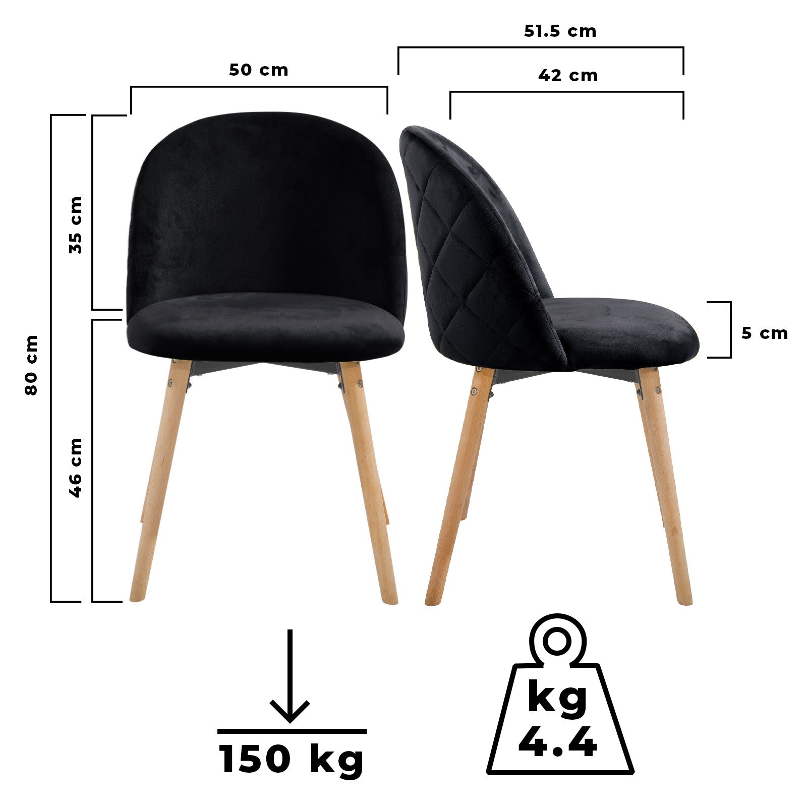 Spisebordsstole - sort, sæt med 4, fløjlssæde, moderne, polstret, bøgetræben, med ryglæn