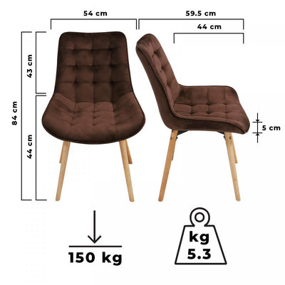Spisebordsstole - brune, sæt af 2, fløjlssæde, polstret, quiltet, bøgetræ-ben, med ryglæn