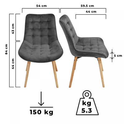 Spisebordsstole  - mørkegrå, sæt af 2, fløjlssæder, polstrede, quiltede ben af bøgetræ, med ryglæn