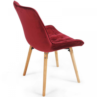 Spisebordsstole- mørkerøde, sæt af 6, fløjlssæder, polstrede, quiltede ben af bøgetræ