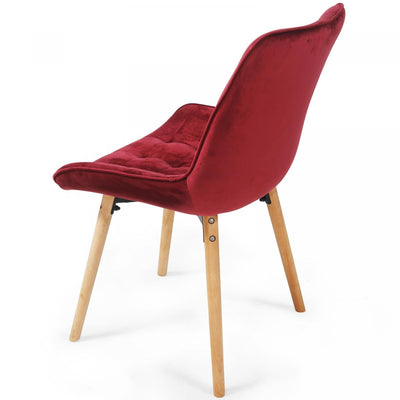Spisebordsstole- mørkerøde, sæt af 6, fløjlssæder, polstrede, quiltede ben af bøgetræ