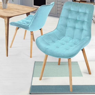 Spisebordsstole - lys turkis, sæt af 4, fløjlssæde, polstret, quiltet, bøgetræ-ben, med ryglæn