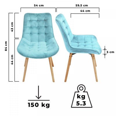 Spisebordsstole - lys turkis, sæt af 4, fløjlssæde, polstret, quiltet, bøgetræ-ben, med ryglæn