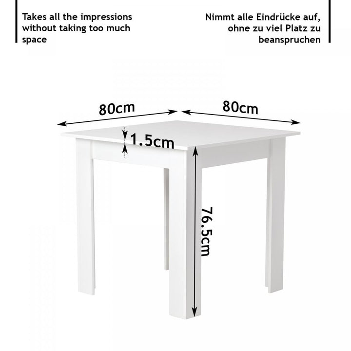 Spisebord - firkantet, 80x80x75 cm, til 4 personer, lavet af MDF, hvid plade, lille