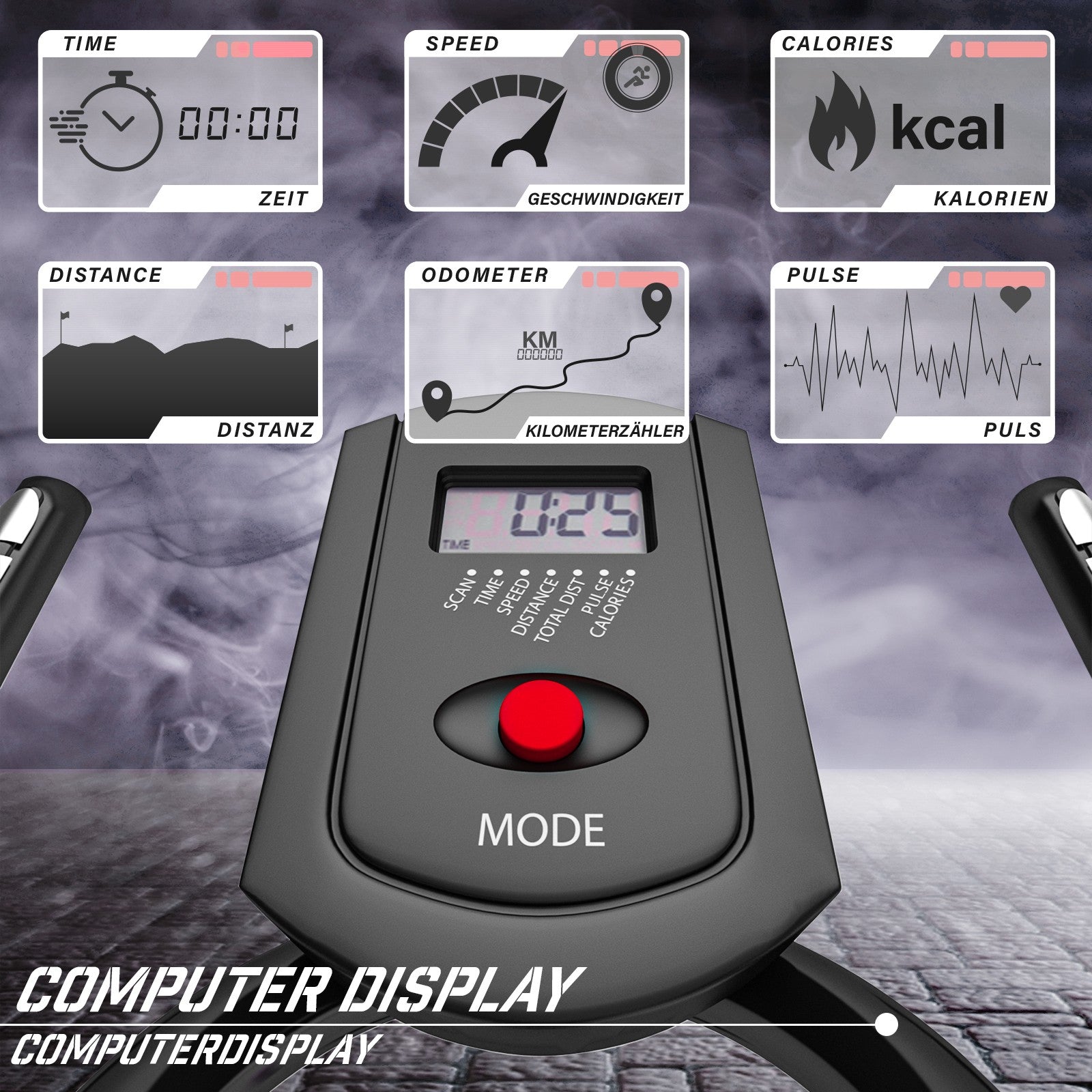 Motionscykel - med LCD display, ergometer, pulsmåler, max 120 kg