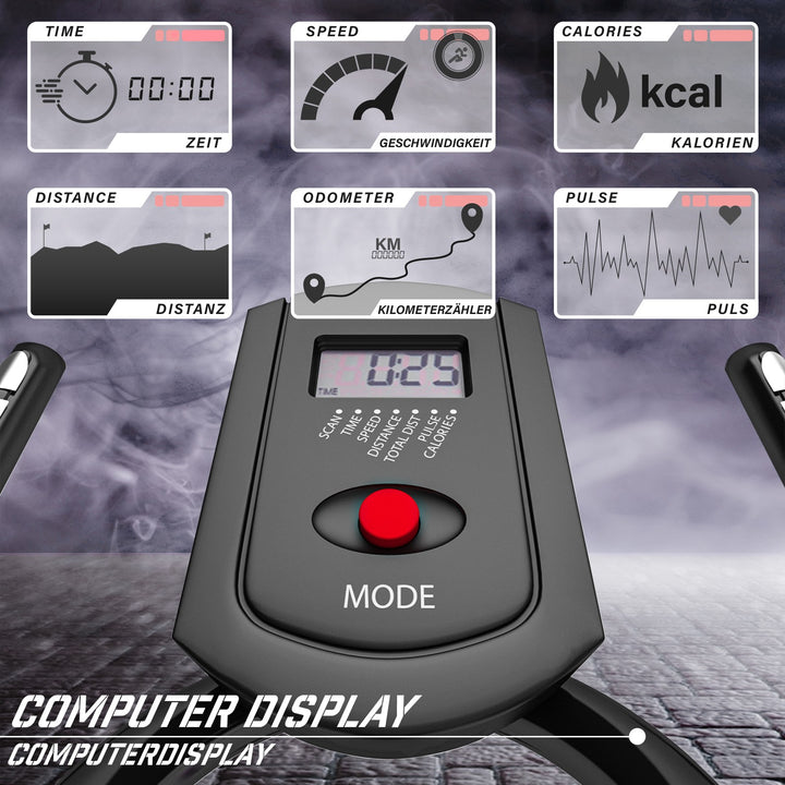 Motionscykel - med LCD display, ergometer, pulsmåler, max 120 kg