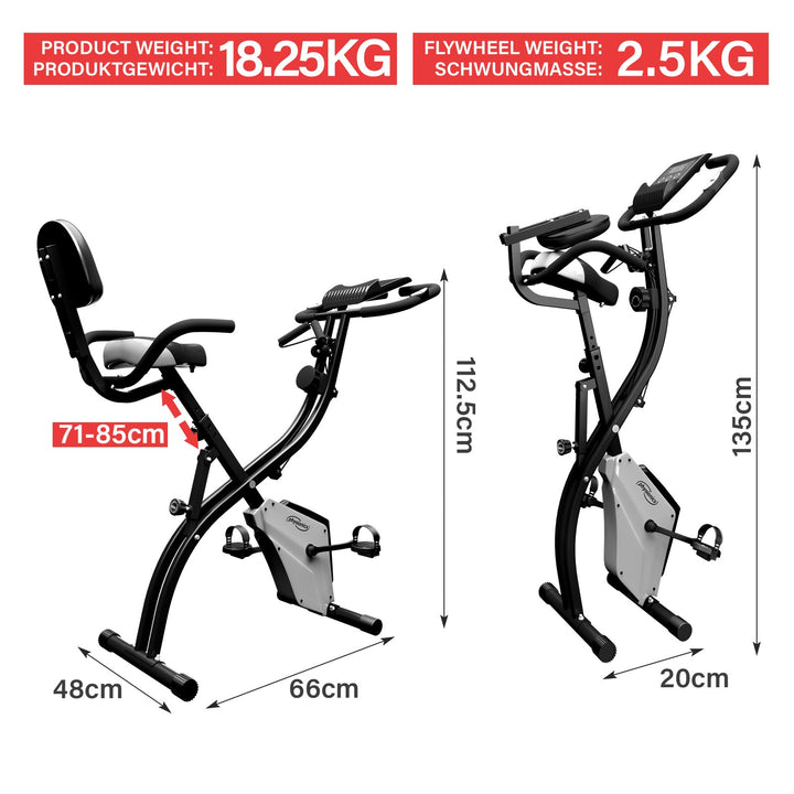 Hjemmetræner - foldbar, LCD-skærm, justerbar modstand, med håndpulssensorer, ryglæn og håndstøtte, op til 120 kg
