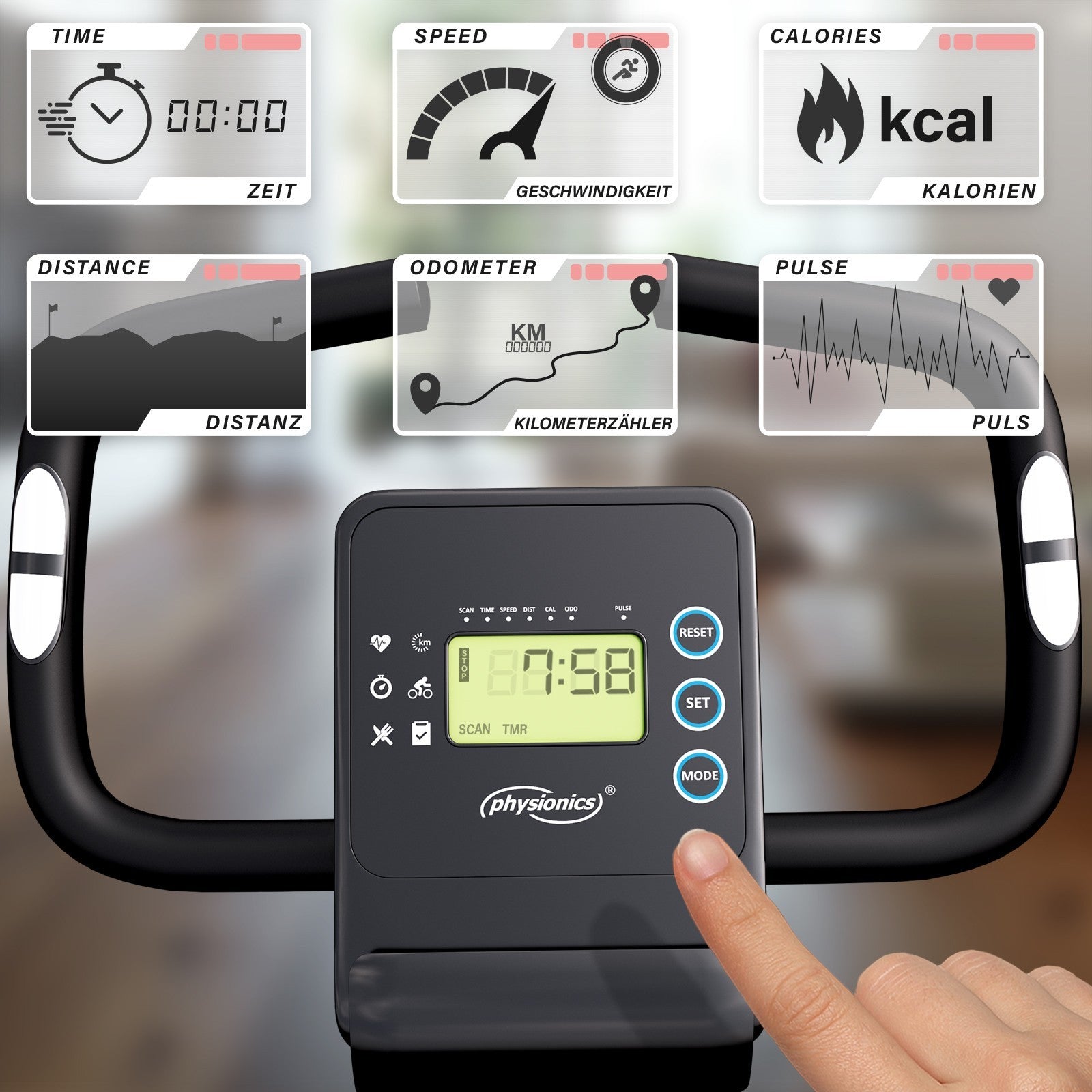 Motionscykel ergometer - med LCD-display, justerbart sæde og modstand, med håndpulssensorer, op til 100 kg, sort